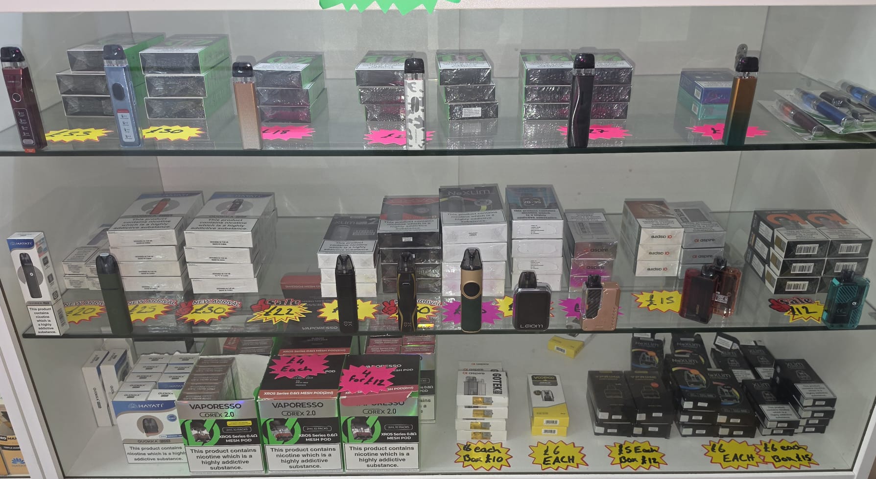 Pod kits and hardware display at Belfield Vape Rochdale